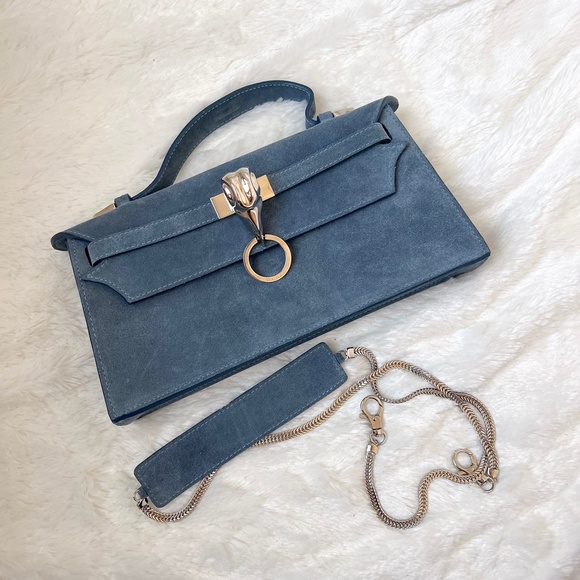 $899 NWOT LYA LYA Mini Vultura Clutch Suede-like Blue Silver Shoulder Bag Dubai - Picture 14 of 15